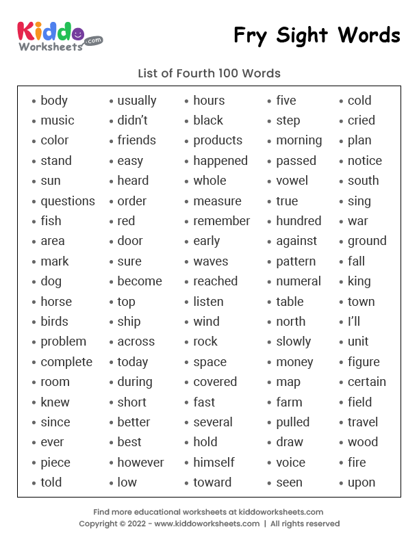 Free Printable Fry Sight Words List 4 Worksheet Kiddoworksheets
