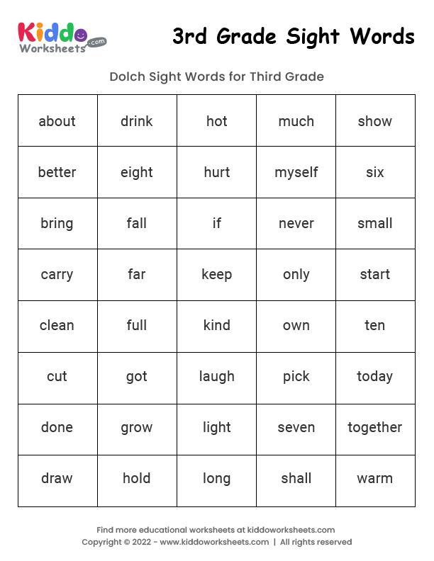 Free Printable Sight Words 3rd Grade Worksheet Kiddoworksheets