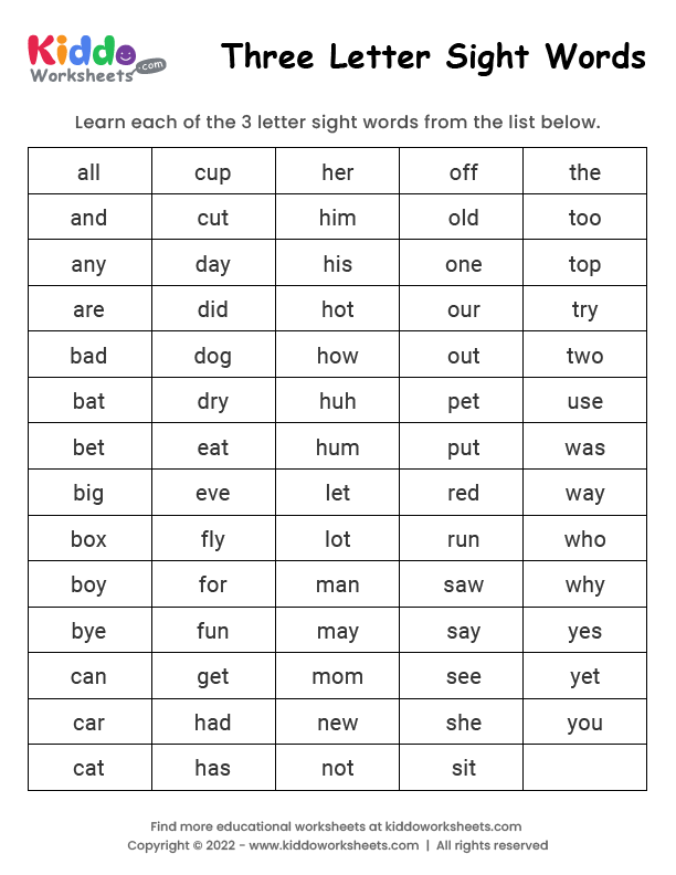 Free Printable Three Letter Sight Words Worksheet 58 OFF