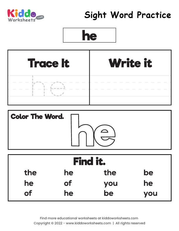 Free Printable Sight Word Practice he Worksheet - kiddoworksheets