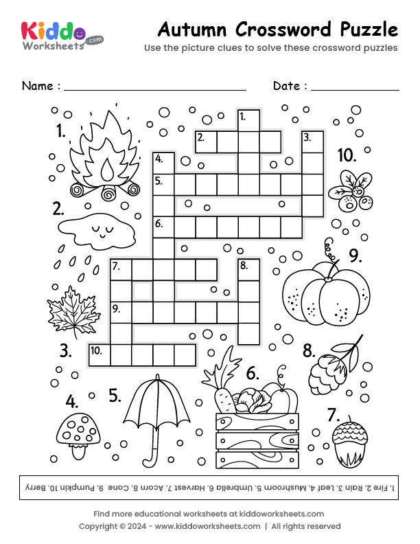 Free Printable Autumn Crossword Worksheet - kiddoworksheets