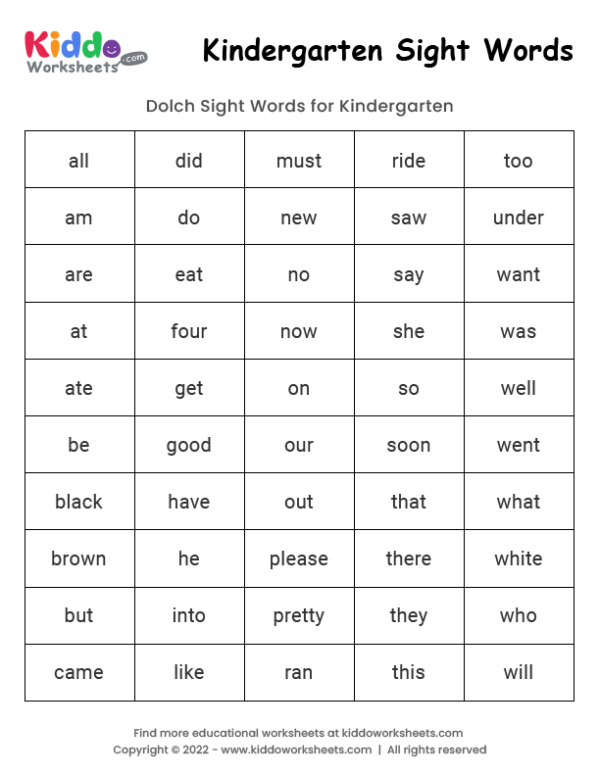 Sight Words Kindergarten