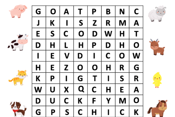 Word Search Farm Animals Worksheet