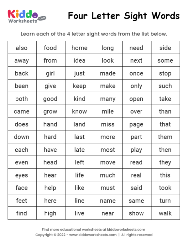 Four Letter Sight Words