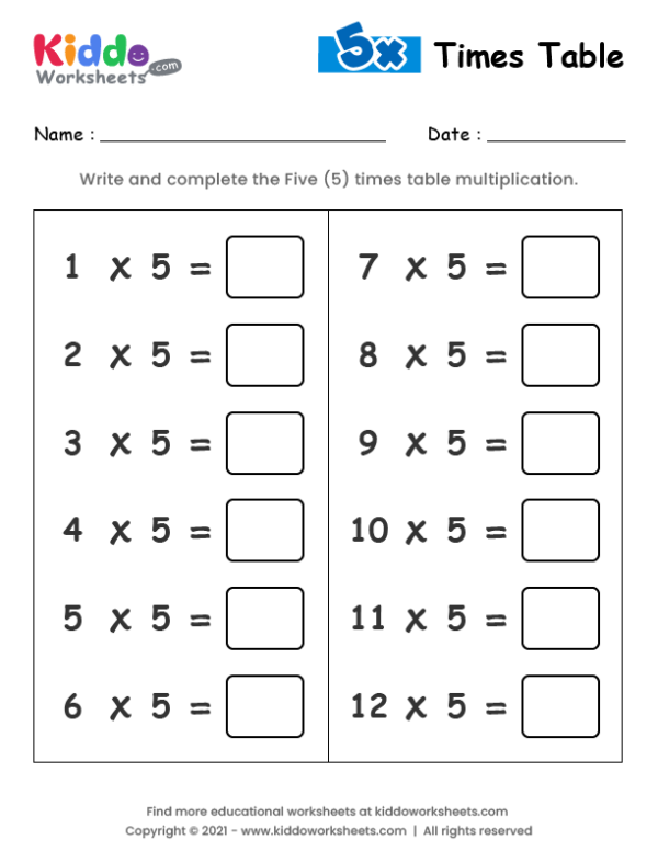 5 Times Table Worksheet