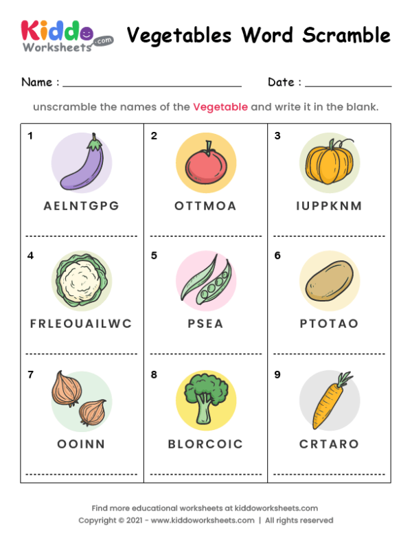 Word Scramble Vegetables