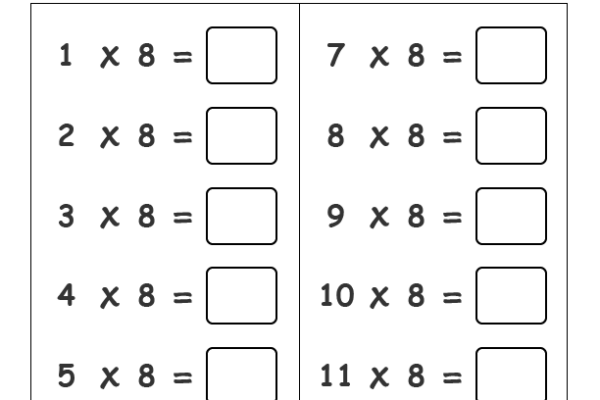 8 Times Table Worksheet