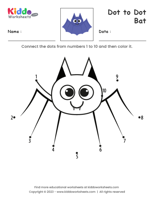 Free Printable Dot To Dot Bat Worksheet   Kiddoworksheets In 2023 | Dot