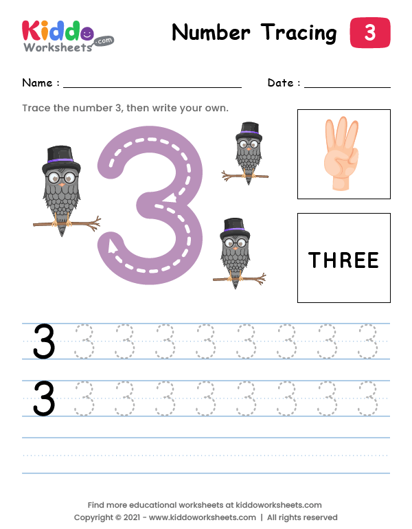 free printable tracing number three 3 worksheet kiddoworksheets