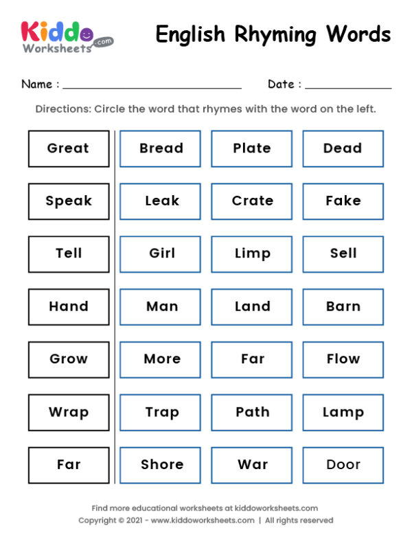 Free Printable Rhyming Words Worksheet Kiddoworksheets