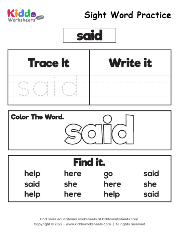 Free Printable Sight Word Practice Said Worksheet Kiddoworksheets