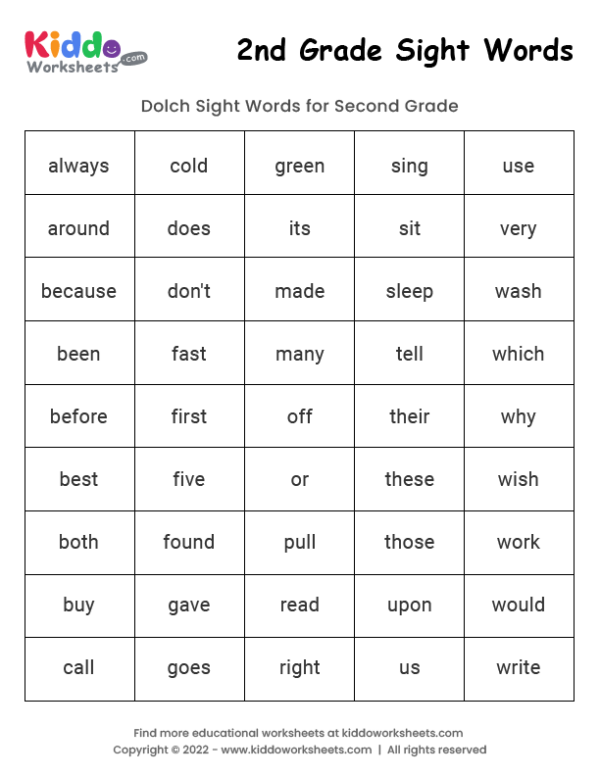 grade 2 dolch sight words