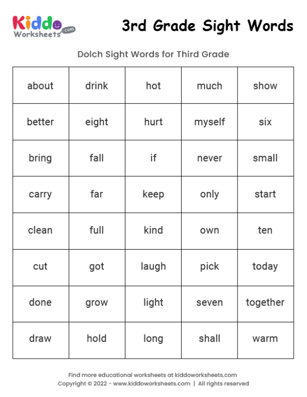 Free Printable Sight Words 3rd Grade Worksheet Kiddoworksheets