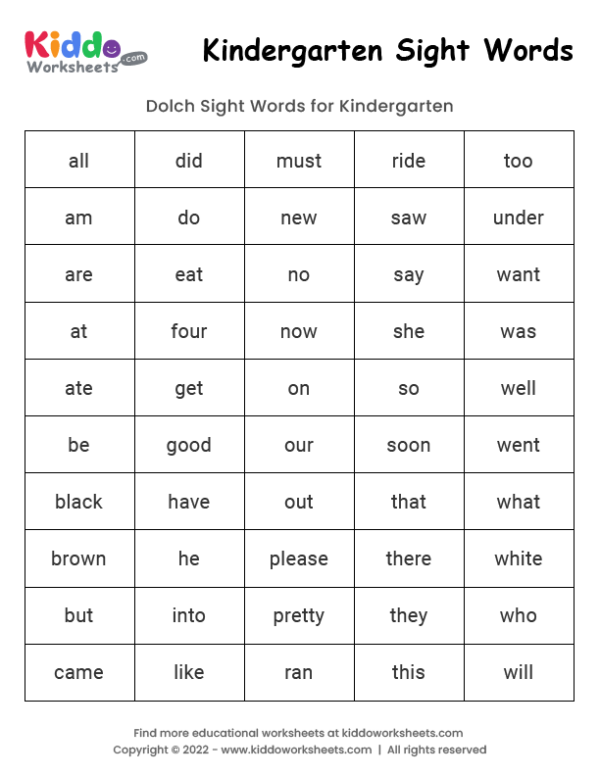 free printable list of kindergarten sight words