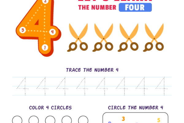 Tracing Number Four-4 Worksheet