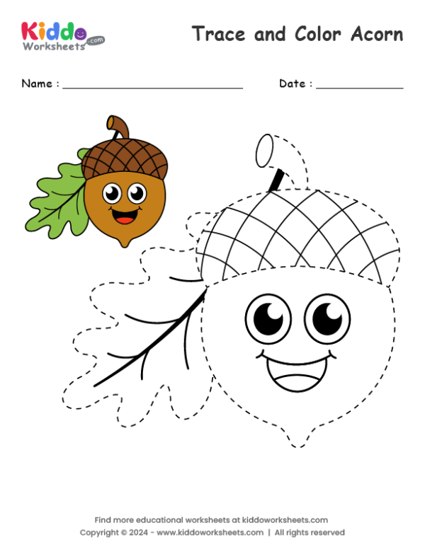 Free Printable Trace and Color Acorn Worksheet - kiddoworksheets