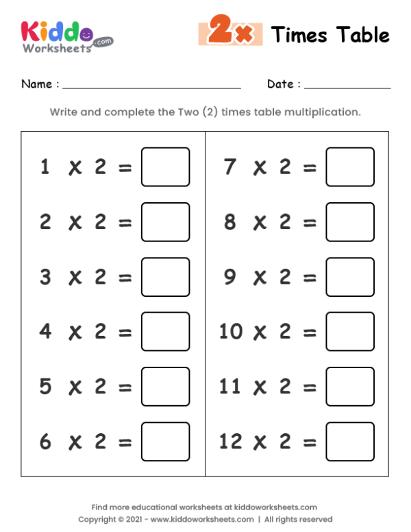 2 Times Table Worksheet