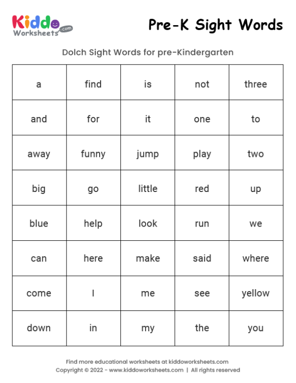 Sight Words Pre-k